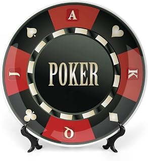6 Inch Decorative Plate, Poker Tournament Ceramic Stoneware, Casino Chip with Poker Word in Center Print Ceramic Wall Hanging for Fine Dining Upscale Events, Dinner Parties, Weddings, Catering