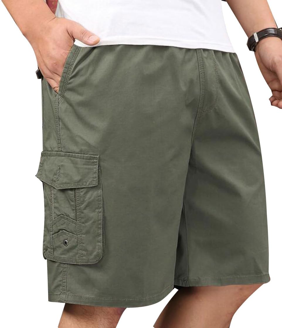 Men's Casual Twill Cargo Shorts Zip Fly Cotton Elastic Waist Loose Fit Drawstring Short