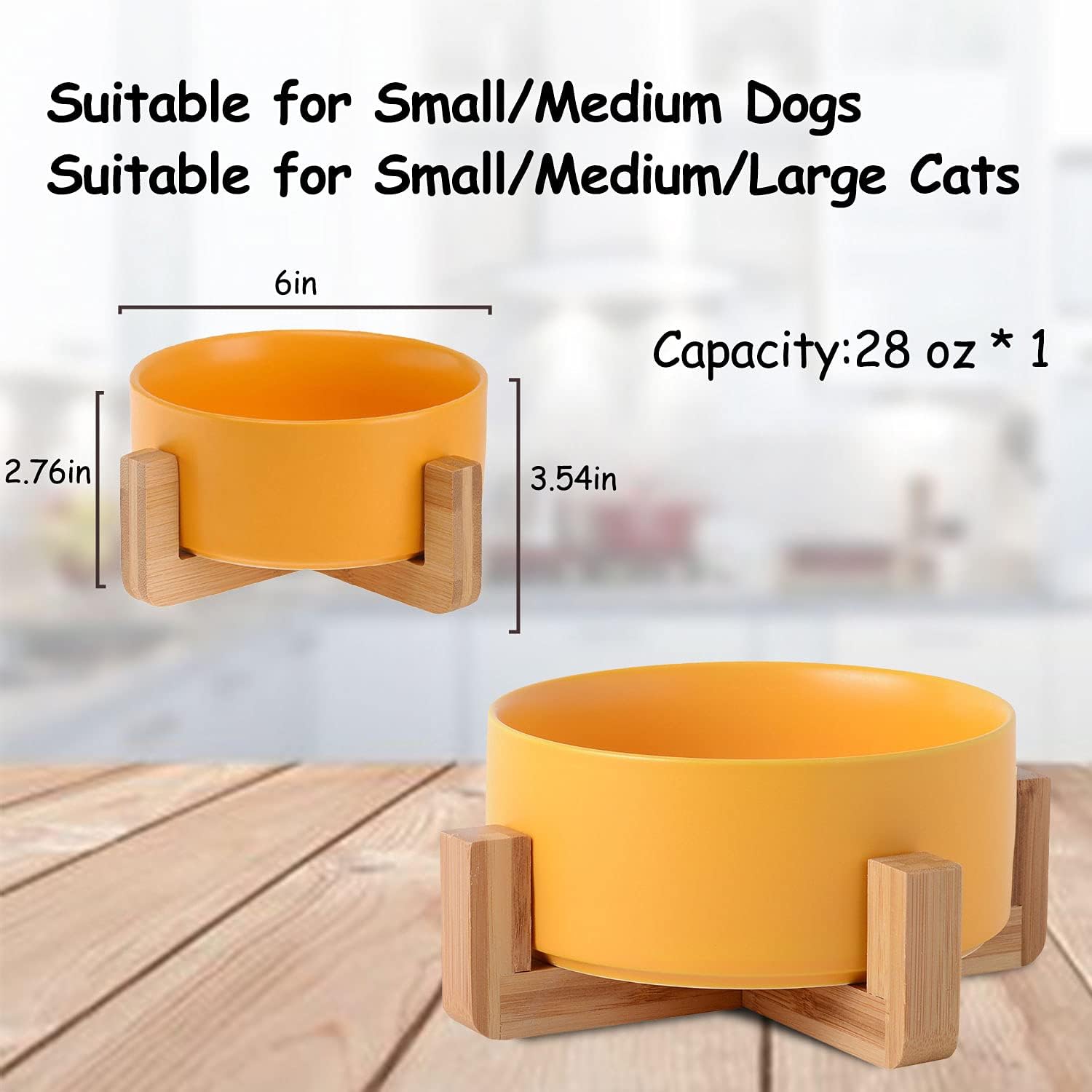 Heavy 6.1 in Yellow Ceramic Cat Dog Bowls Set with Wood Stand for Food and Water, Modern Cute Pet Dish Feeder for Small Size Dogs and Cats (13.5OZ) & Medium Sized Dogs (28OZ)