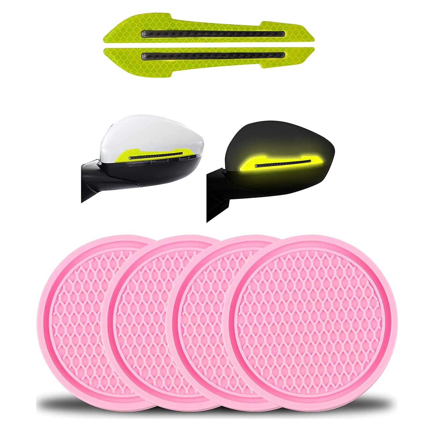 Allure Auto® (Pink) 4PCS Universal Non-Slip Cup Holders Embedded Coaster and (Green) 2 Pieces Car Stickers Set Rearview Mirror Reflective Warning Stickers Compatible with Daoo Lnos