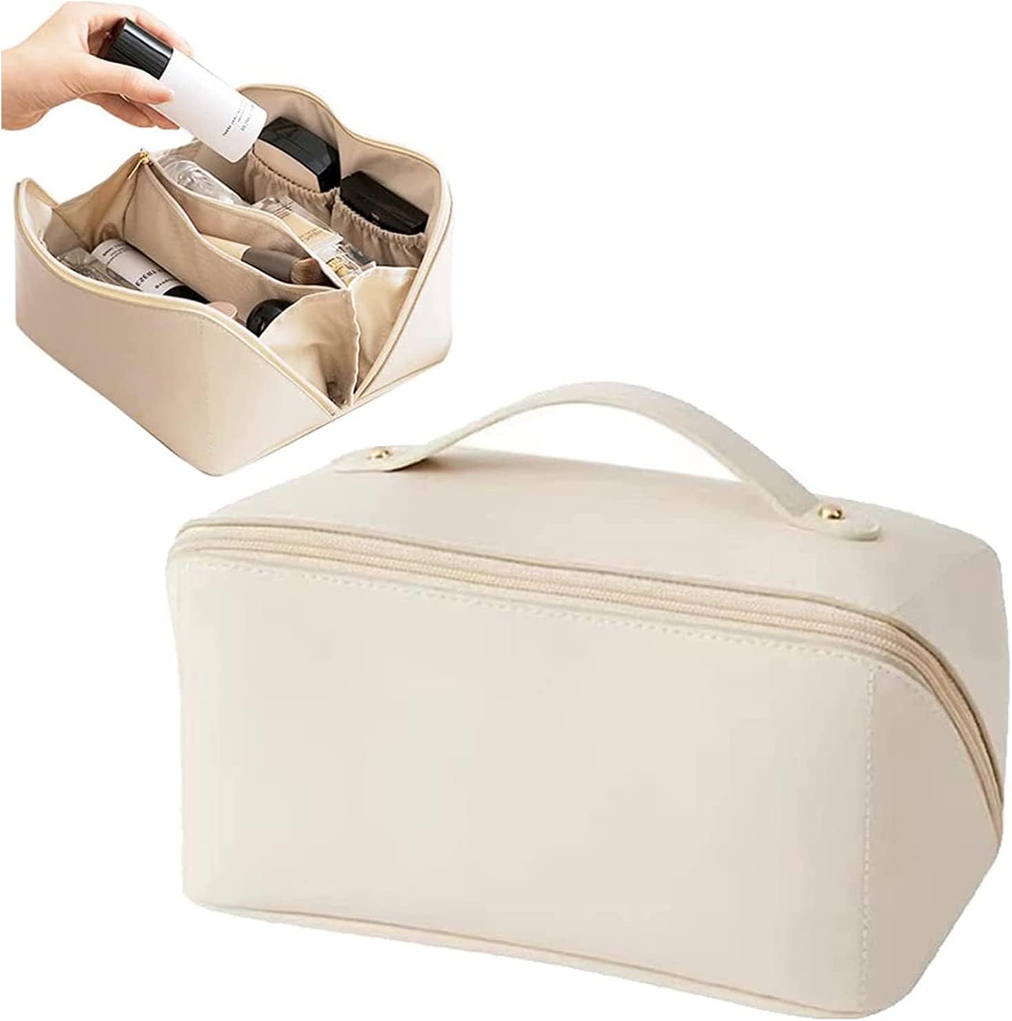 MiurixoLarge-Capacity Travel Cosmetic Bag, Portable Makeup Case Travel Wash Bag, Waterproof Leather Makeup Bag Everyday Use, Multifunction Toiletries Organizer Storage Bag (White)