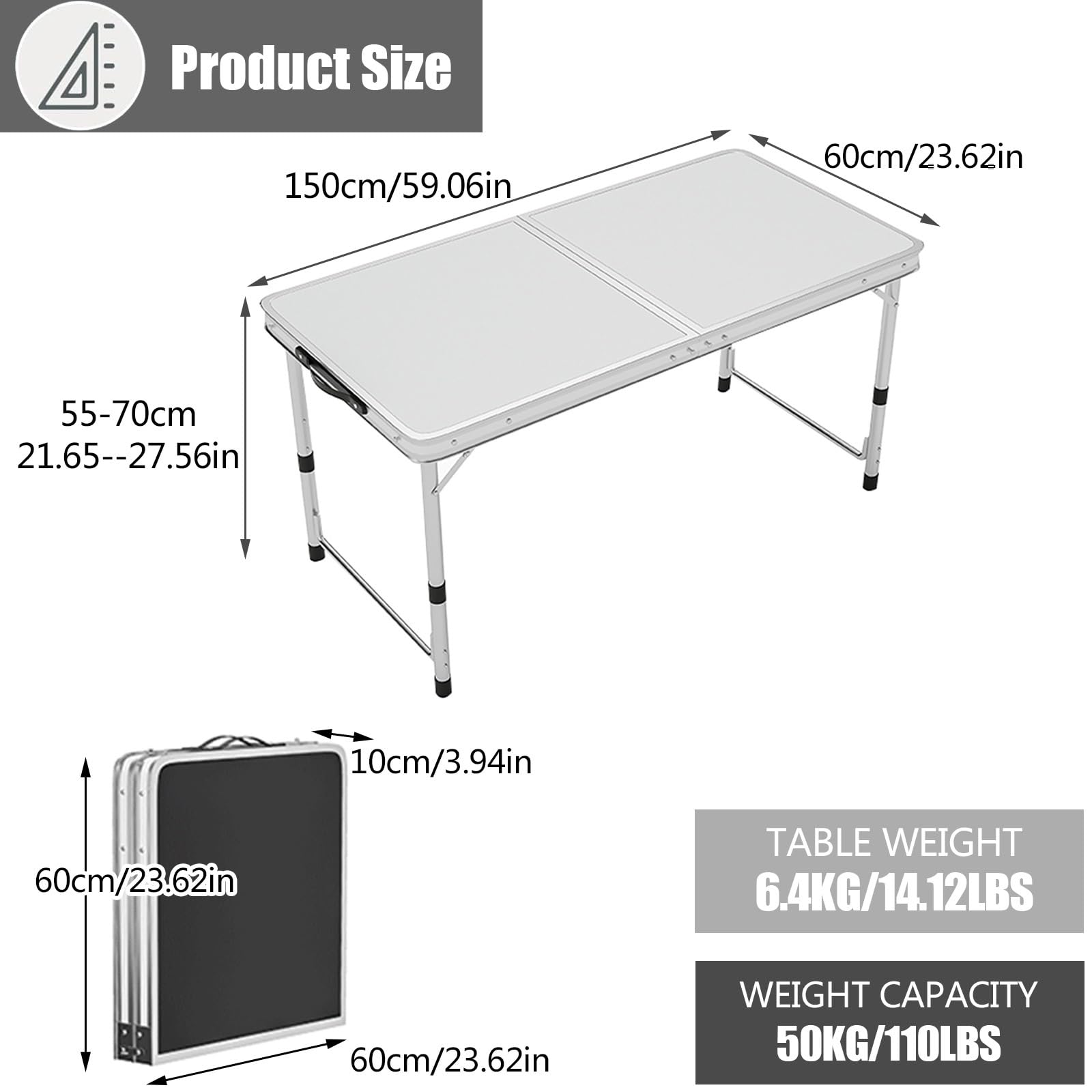 Regulowany aluminiowy stół składany, przenośny stół kempingowy z uchwytem, do wewnątrz, cateringu, biura, na imprezę, piknik, ślub, 150 x 60 cm, biały