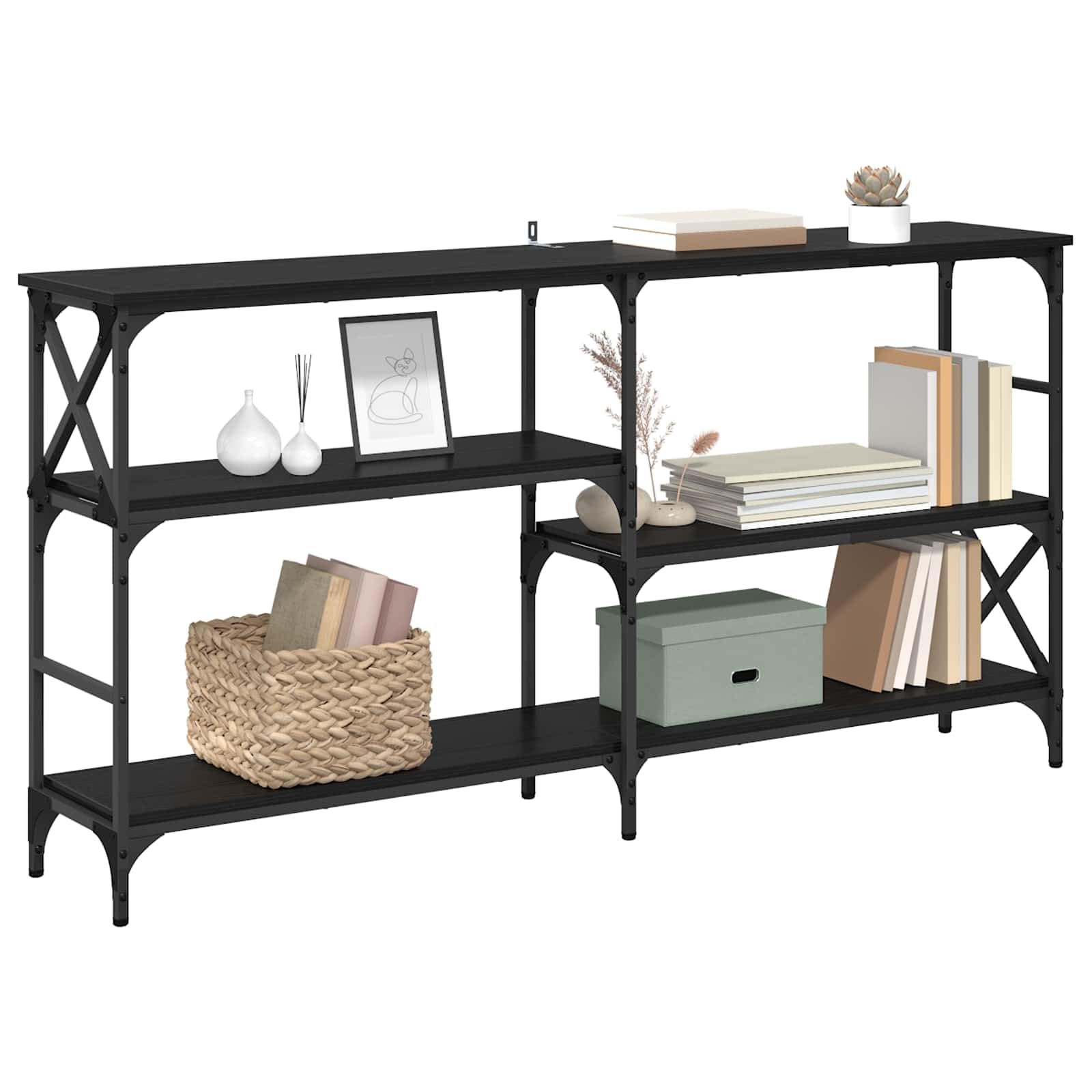 Stolik konsolowy z regałem o wyglądzie czarnego dębu, z materiału drewnopochodnego i metalu, 150 x 29 x 76,5 cm, 3 półki, miejsce do przechowywania do salonu, korytarza, korytarza, biura