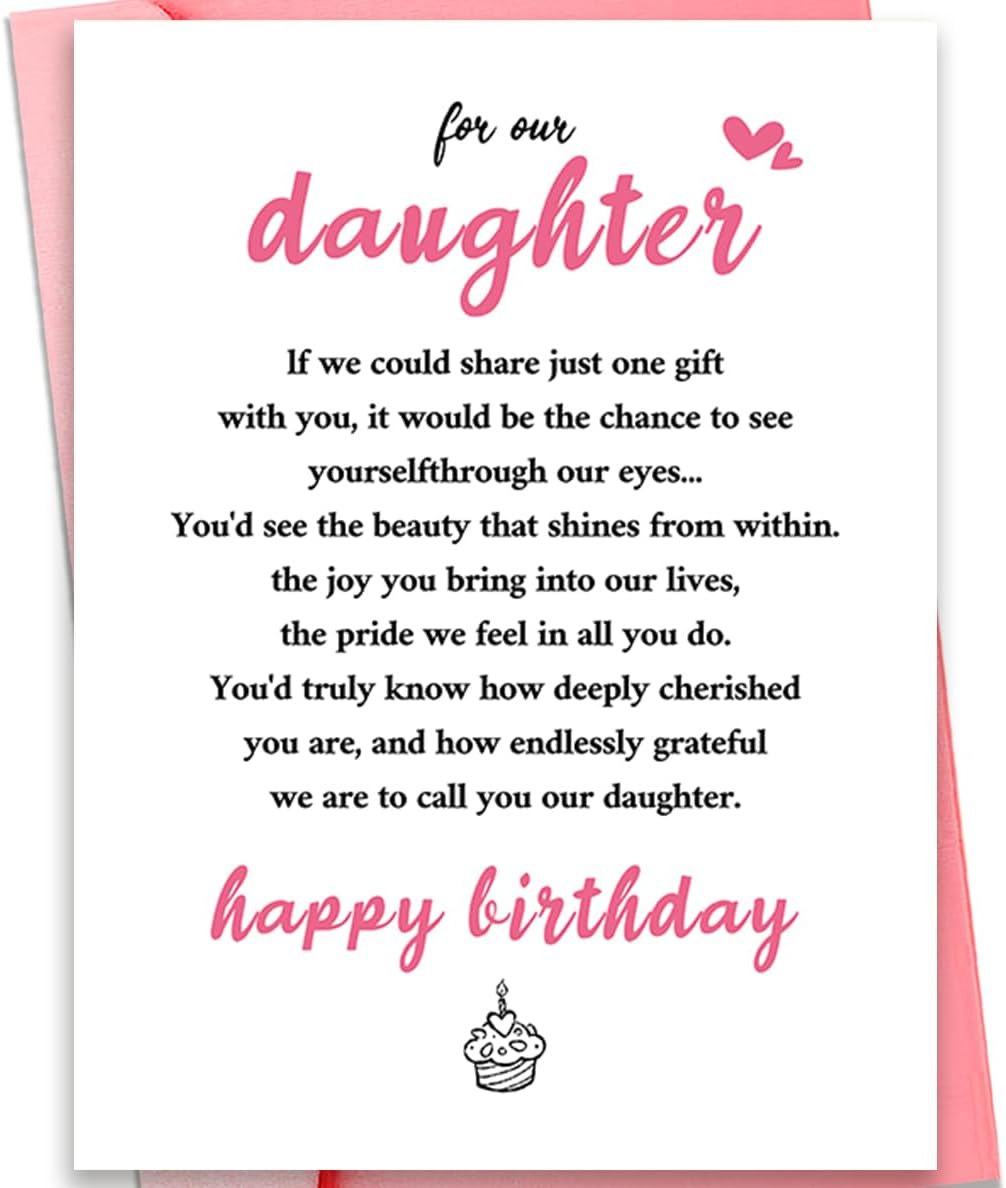 Daughter Birthday Card from Mom and Dad with Pink Envelope - Heartfelt Birthday Greeting Card for Daughter - 7.1x5.3 Inch Premium Quality Card, Double- Sided Design