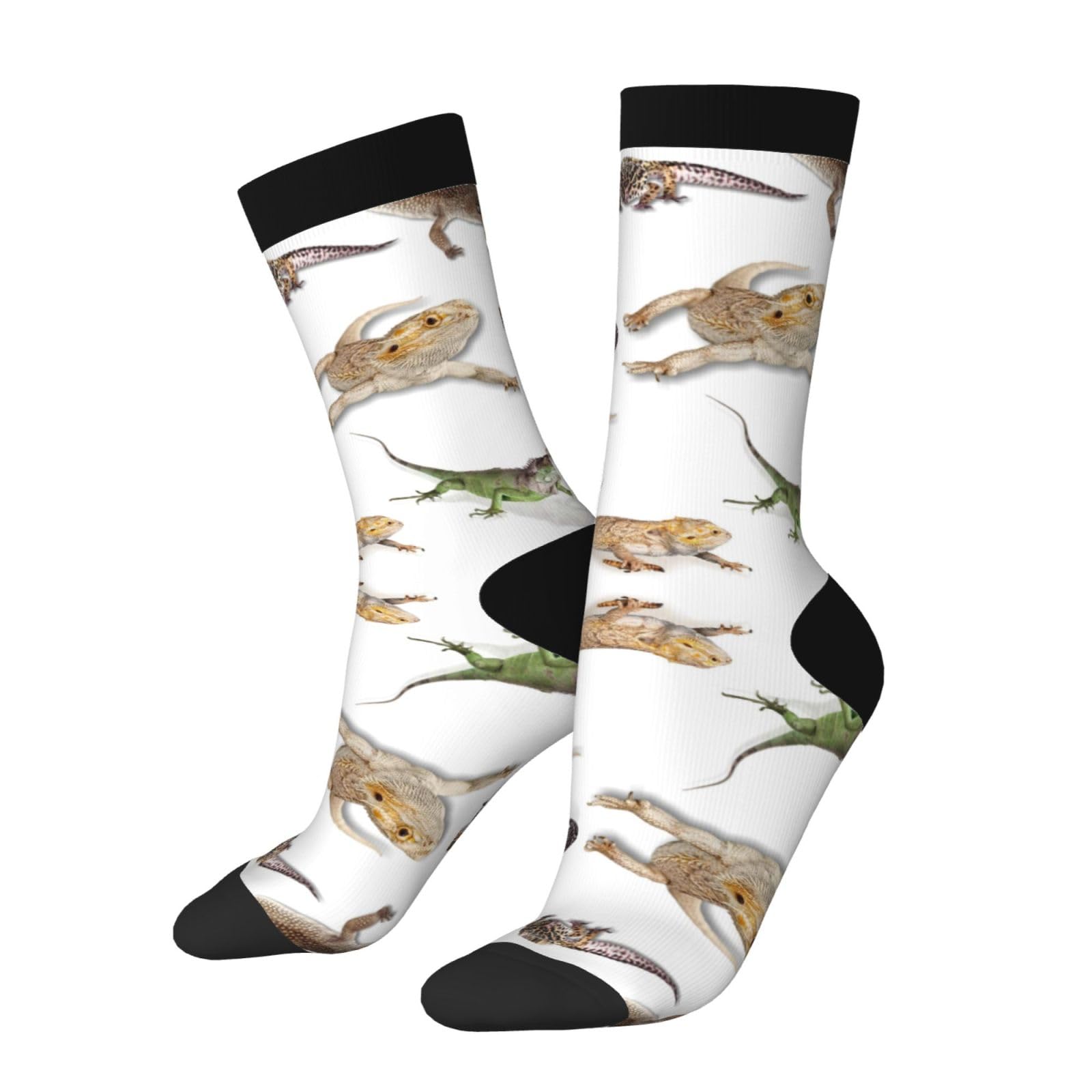 Anceky Unisex 3 Black Multi Colored Staring Leopard Gecko Family Image Primitive Reptiles Wildlife Art Novelty Crew Socks For Men & Women