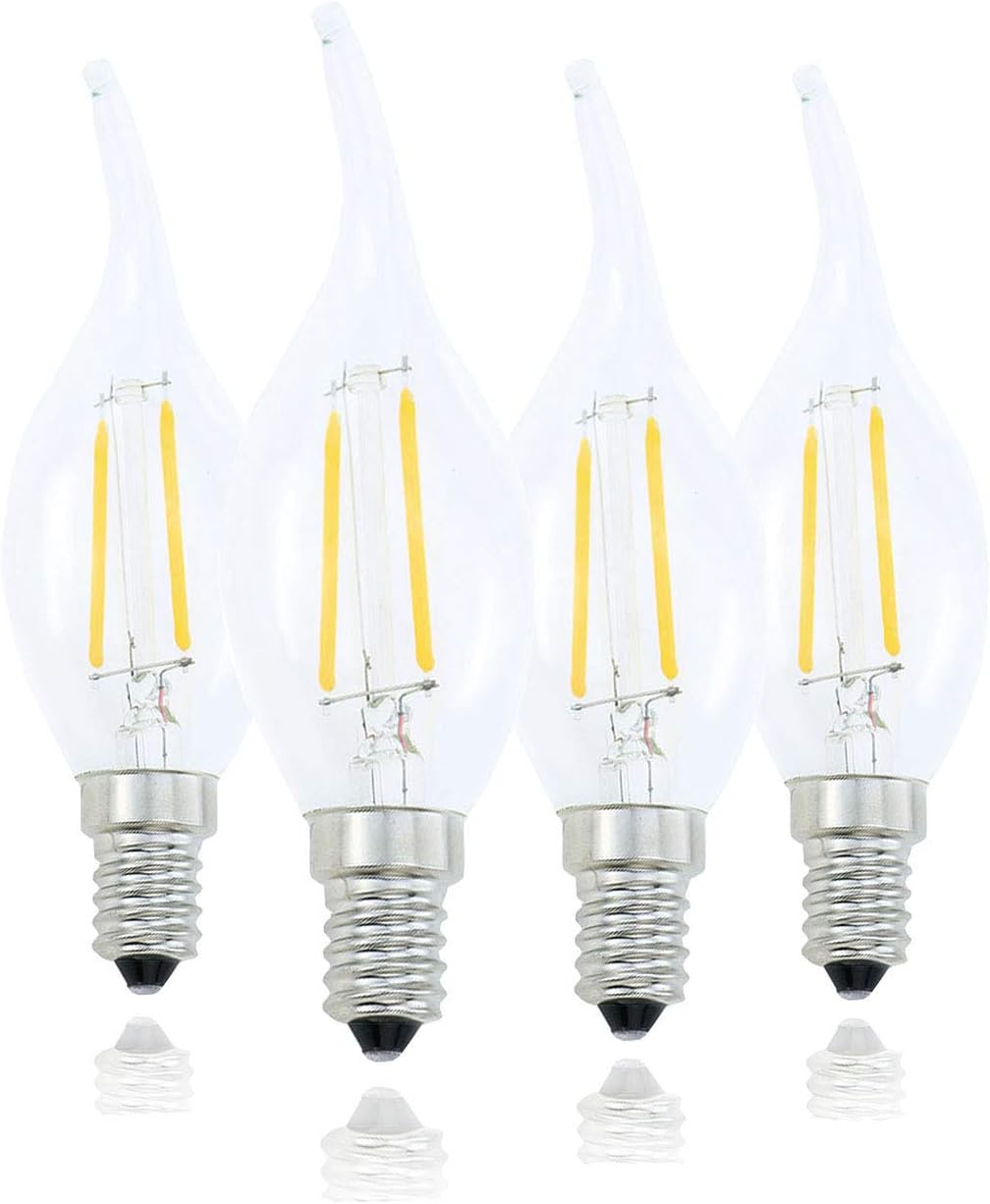 Lamsky E14 European Base LED Filament Candle Light Bulb,2W 2700K Warm White 200LM,C35 Bent Tip Flame Shape,20W Incandescent Equivalent,Non-dimmable,4 Pack