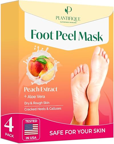 PLANTIFIQUE Foot Peeling Mask 4 Pack | Dermatologically Tested Repairs Heels & Removes Dry Dead Skin for Baby Soft Feet | Exfoliating Foot Peel Mask for Dry Cracked Feet | Peach