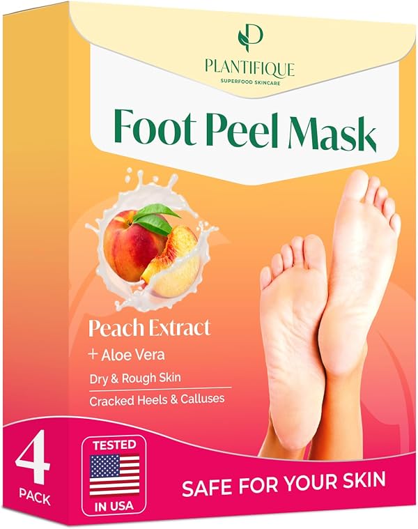 PLANTIFIQUE Foot Peeling Mask 4 Pack | Dermatologically Tested Repairs Heels & Removes Dry Dead Skin for Baby Soft Feet | Exfoliating Foot Peel Mask for Dry Cracked Feet | Peach