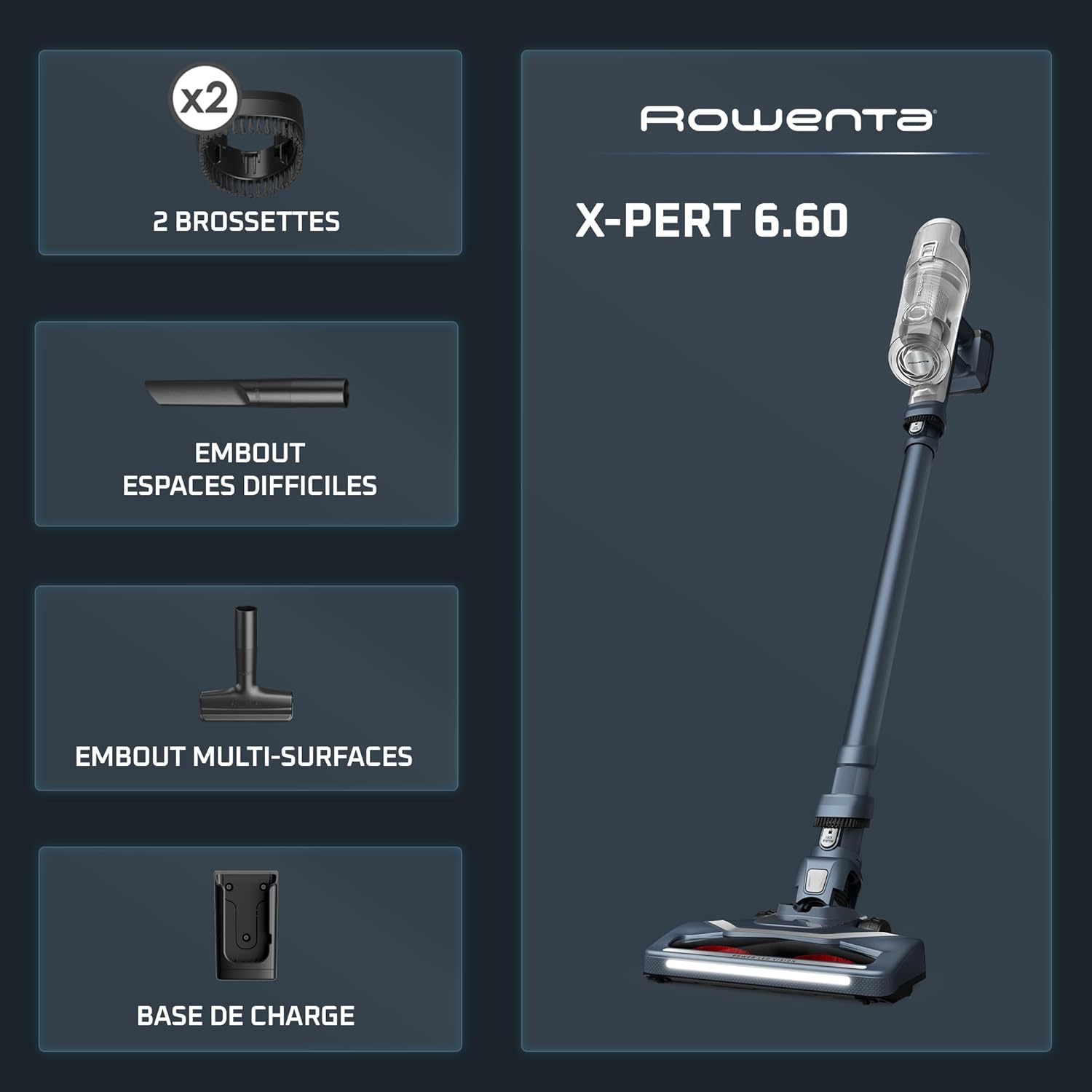 Rowenta X-Pert6.60 Aspirateur balai sans fil multifonction RH6836EO, Gris - Vue complète en action, démontrant sa légèreté et sa puissance de 100W avec 45min d'autonomie. — vue 9