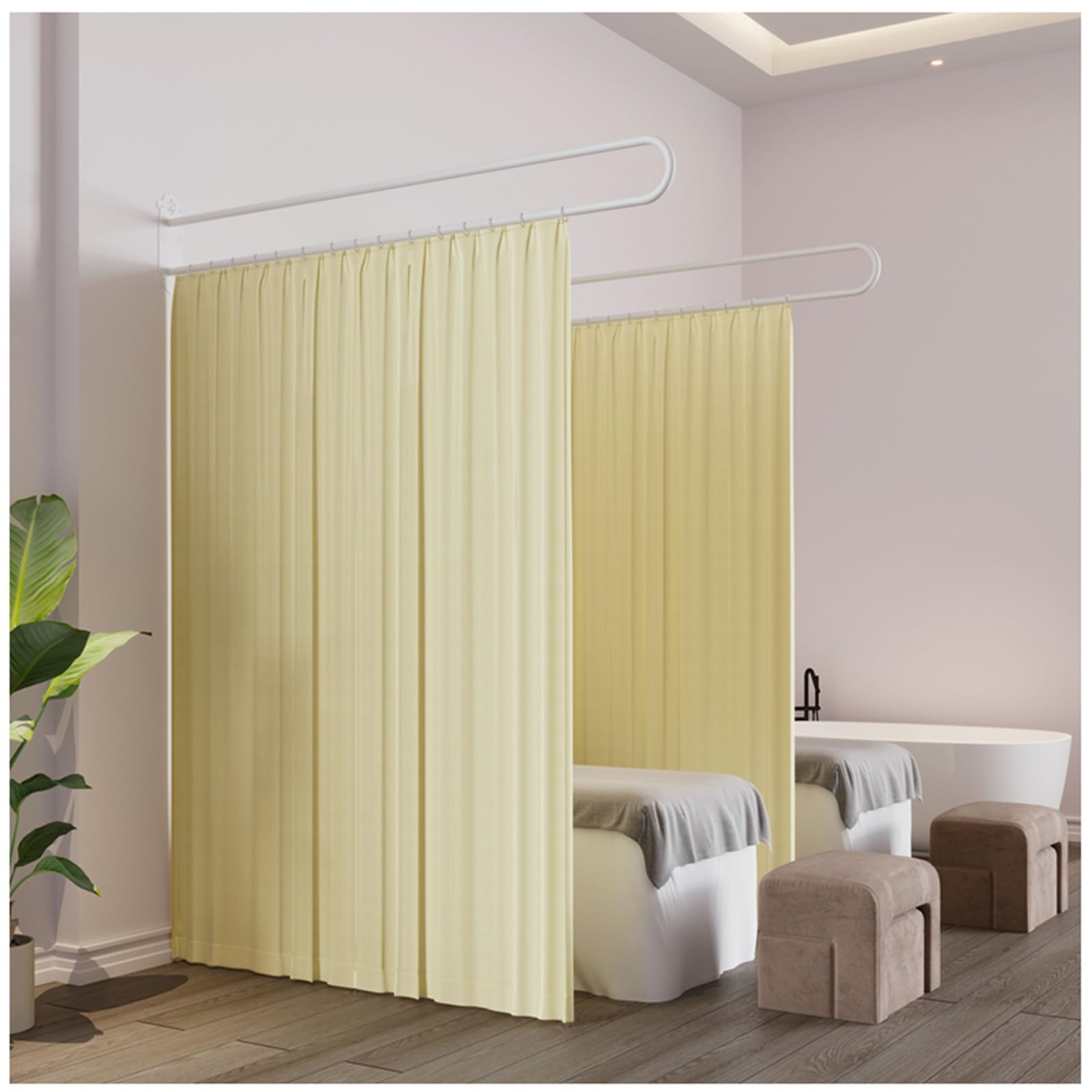 Paravent Cloison de Séparation Paquet De 2 Salon De Beauté Rideau De Séparation D’intimité Fixation Murale, Forme En U Paravent Patio Chambre Rideaux De Séparation ( Color : White Pole+Curtain , Size