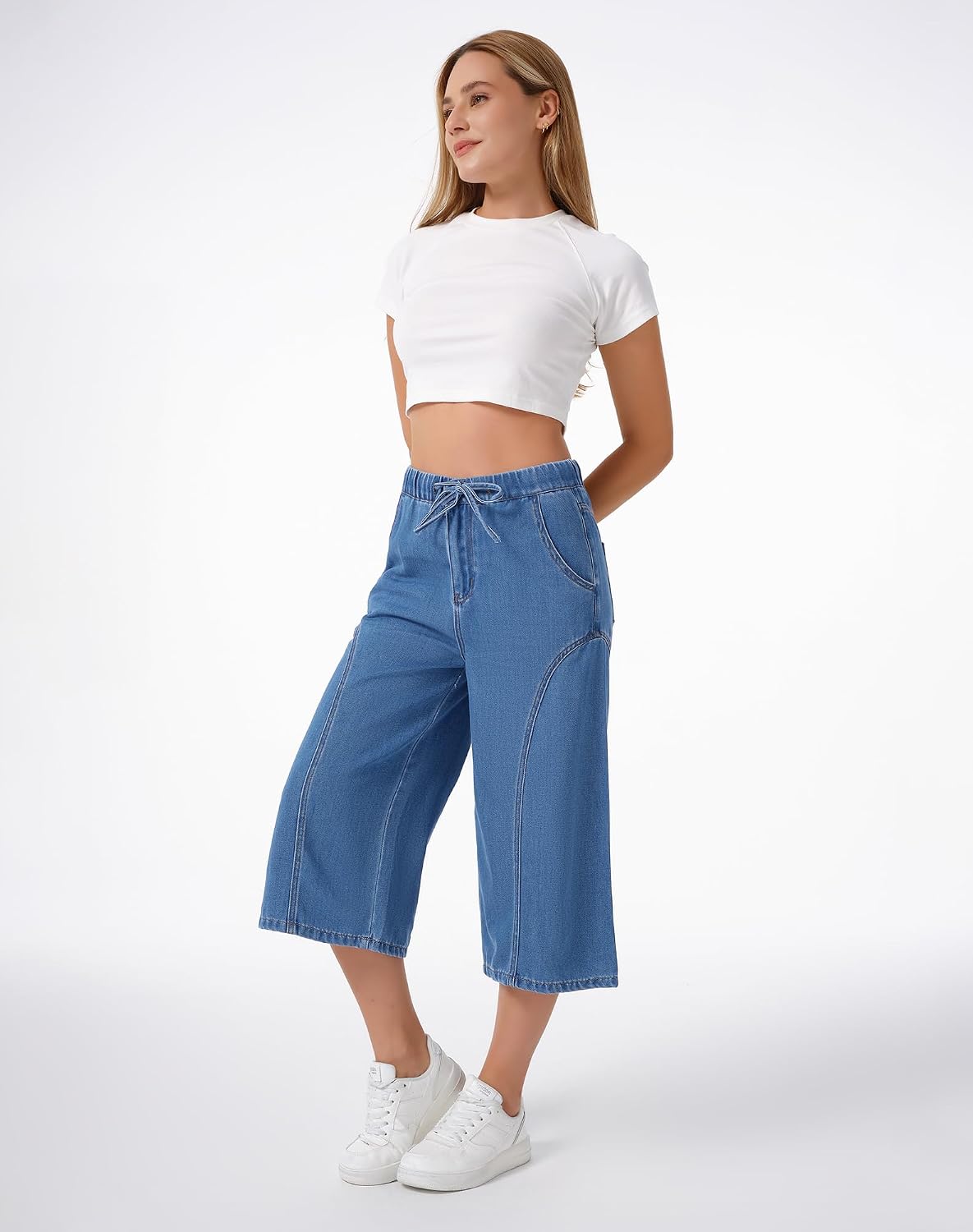 roswear Capri Jeans for Women Non-Stretch Wide Leg Culottes Pants with Elastic Waist