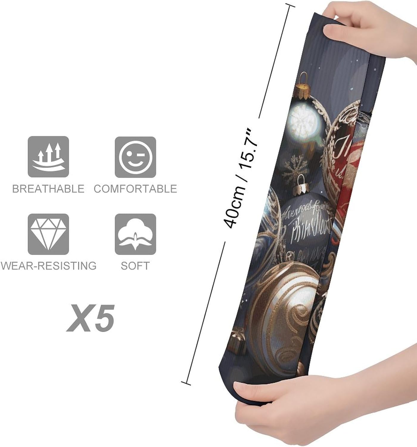 Super Value Fashion Large Chemical Fiber Men's And Women's Breathable Christmas Balls Printed Stockings 5 Pairs of Super Soft Non-binding Moisture Wicking Christmas Socks 15.7 in