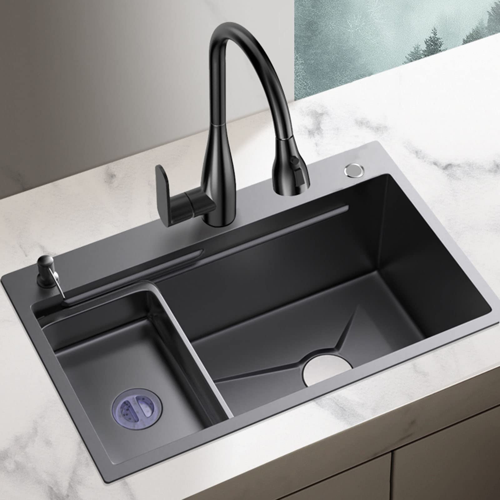 ANSNOW Kitchen Sink Nano Workstation Sink Recessed Top Mount Sink Kitchen Large Single Sink with Accessories (Set of 7)/Black/78 * 46 * 22Cm