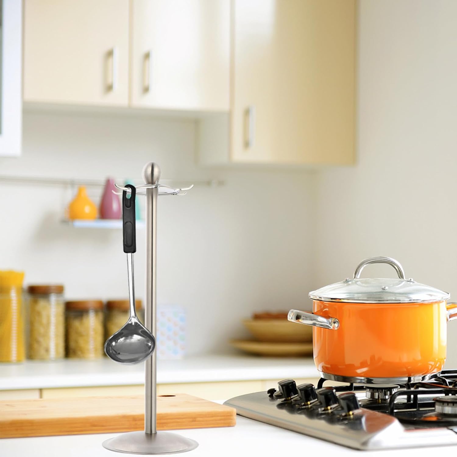Stainless Steel Spoon and Utensil Hanging Rack with 6 Hooks Rotatable 360 Degrees Kitchen Organizer and Drainage Storage Holder for Stovetop and Kitchen Use