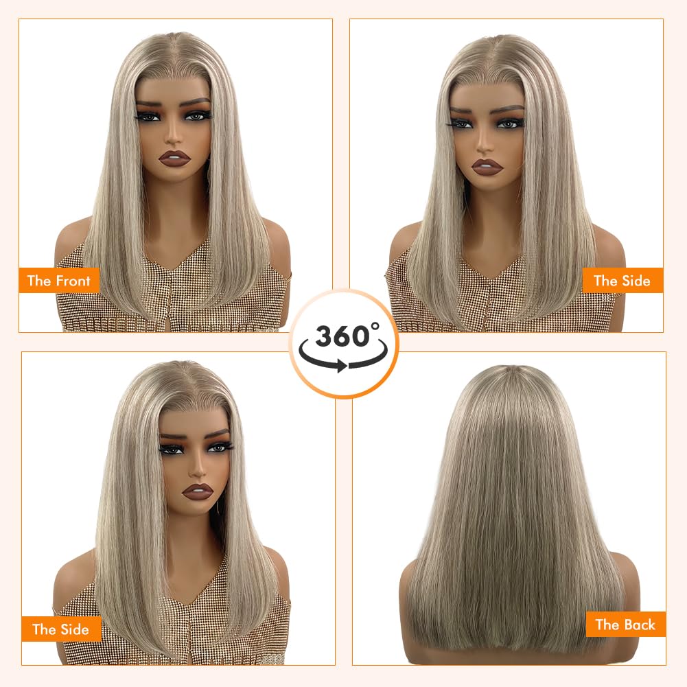 220% Highlight Ash Blonde Wig Human Hair Pre Plucked Pre Cut Ombre Balayage Ash Brown Short Bob Straight Soft 13x4 UHD Lace Front Real Human Hair Wigs For Women 12Inch