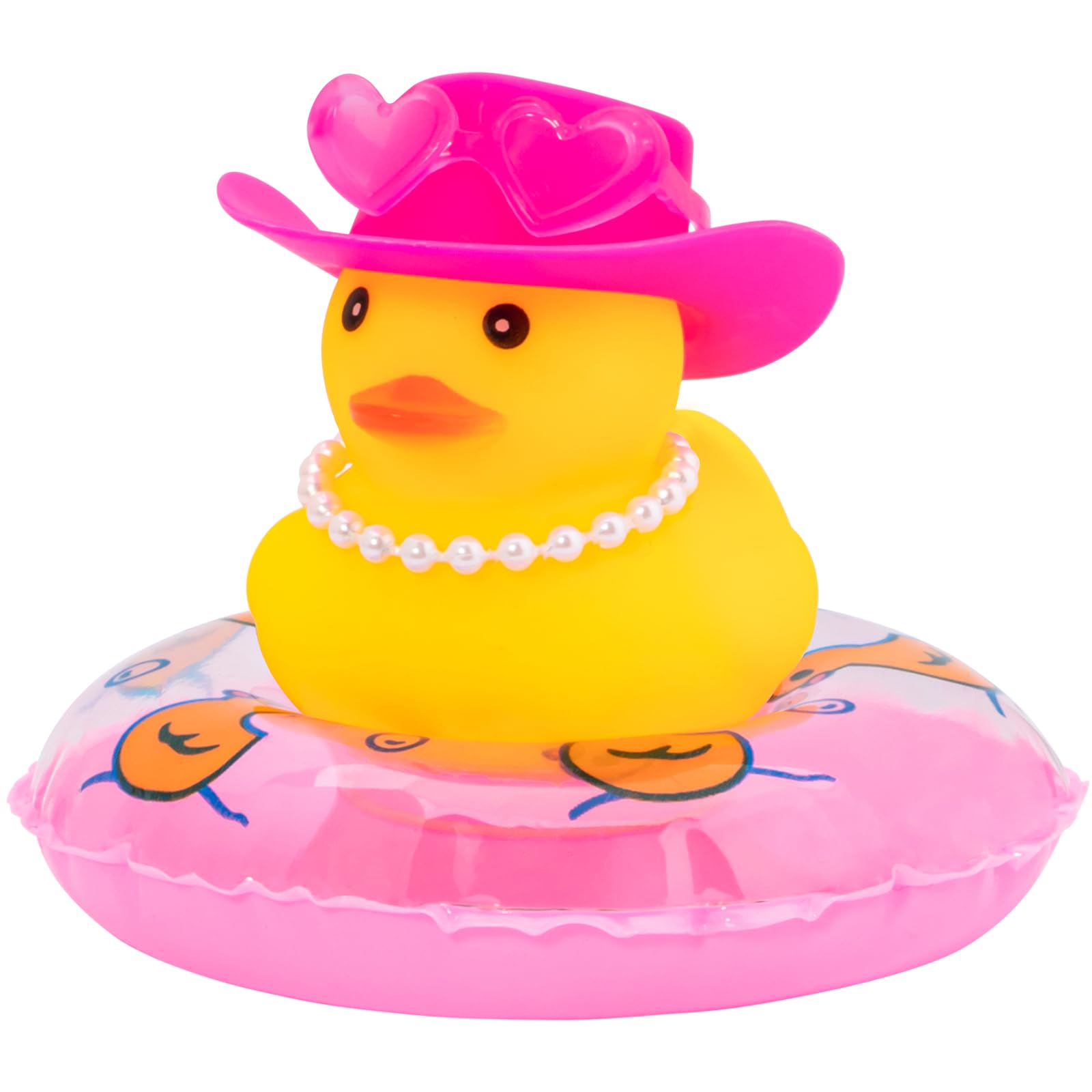wonuu Car Dashboard Decorations Pink Cowboy Duck, Rubber Ducks for Car Ornament Accessories with Color Sunglasses Cowboy Hat Pearl and Swim Ring, AX_Pink Cowboy Hat_Preal B_Duck