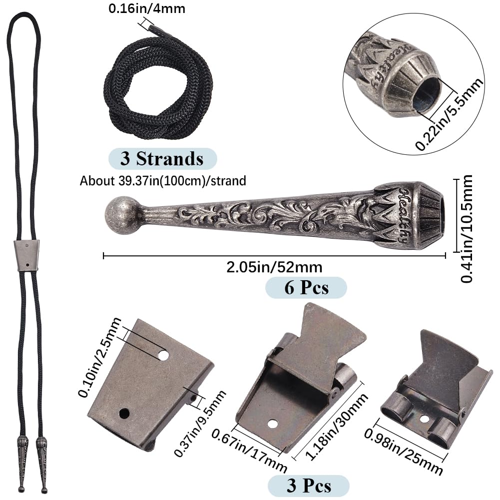 GORGECRAFT 3 Sets Bolo Tie Tips Replacement End Caps Kit 3Pcs Nylon Tips Cord 6Pcs Round Alloy Textured Buckle Cord End 3Pcs 1.2 Inch Large Size Iron Bolo Tie Slide Clasps for Bolo Tie Making Gunmetal