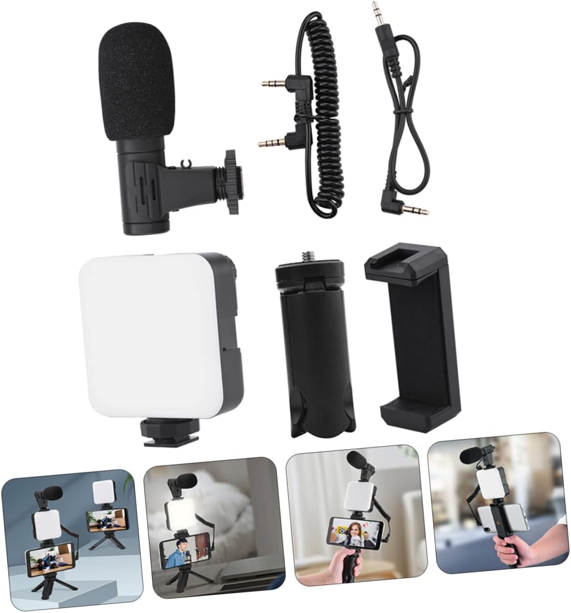 Smartphone Vlog Kit 4pcs Phone Tripod Microphone Clip Adjustable Desktop Stand for Vlogging Lightweight and Portable for Content Creators