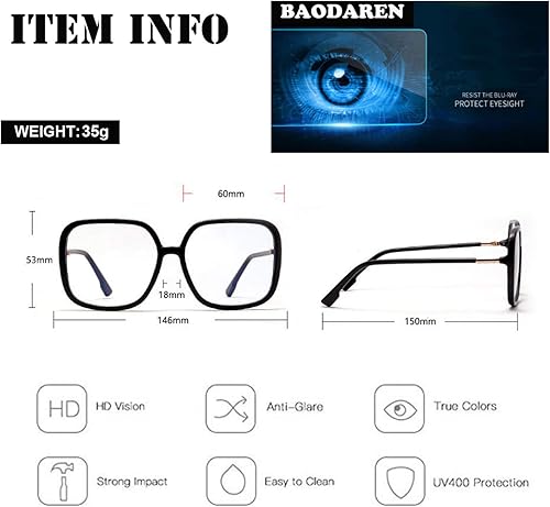 Miniatura 6 de BAODAREN Lentes de bloqueo de luz azul de gran tamaño con marco cuadrado para mujereshombres, antifatiga ocular, lentes de computadora L3000A