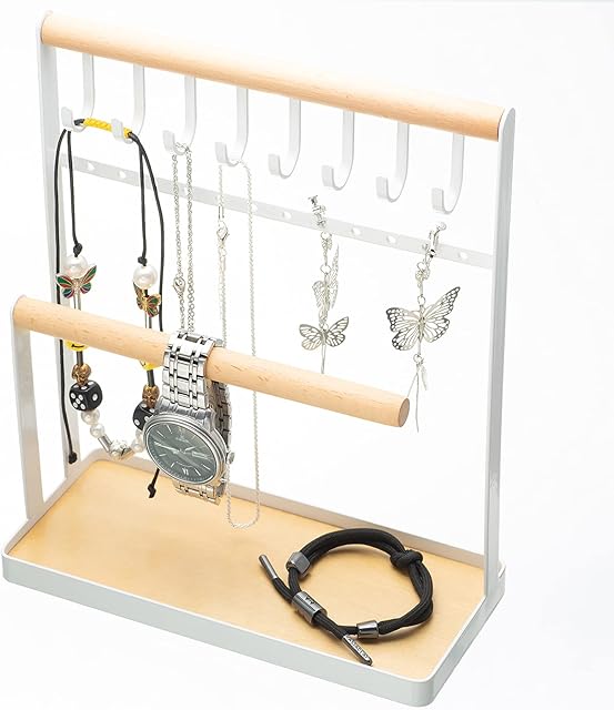 Jewelry Stand Organizer Jewelry Holder Necklace Jewellery Display Stand Organiser Multi Tier Necklace Hanging Wooden Ring Bracelet Watches Earring Stand Tray Accessory Holder Desk Organizer Women Gift