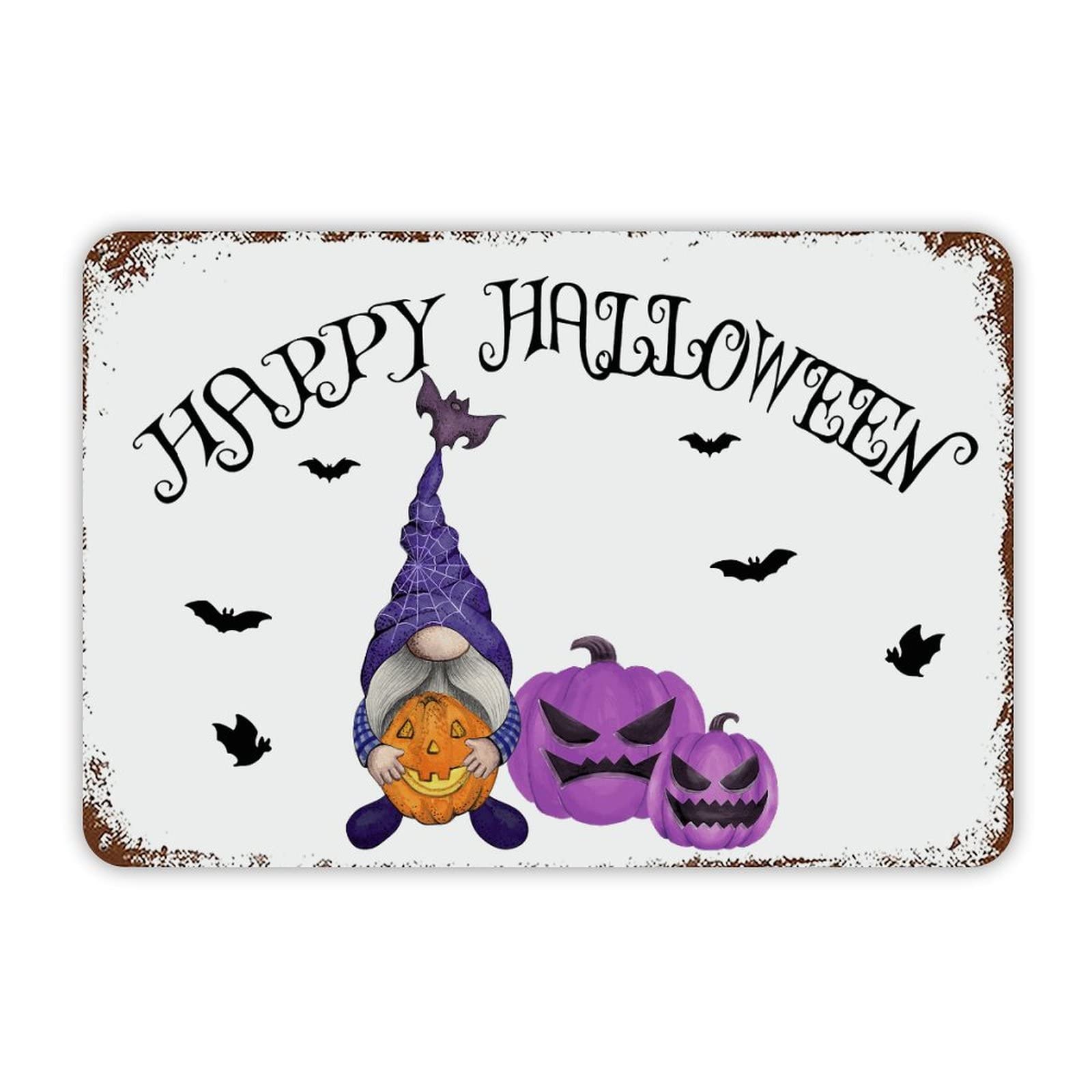 ENEDNATE Farmhouse Rustic Aluminum Sign Happy Halloween Gnome Pumpkins Metal Sign Retro Aluminum Tin Sign for Kitchen Bedroom Living Room Wall Art Door Hanger Home Decor Sign 8x12 Inch