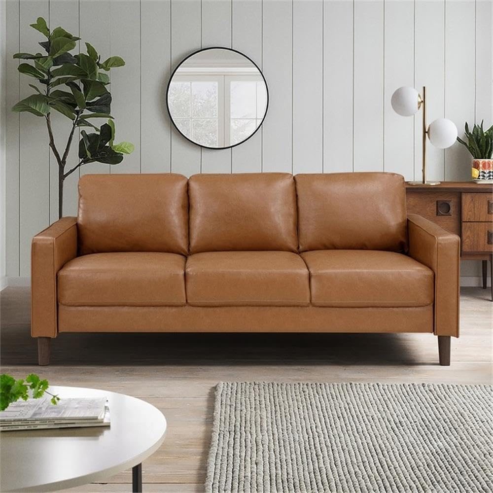 Pemberly Row 2-Piece Faux Leather Sofa Set, Brown Upholstery, Track Arms, Solid Wood Frame, Foam Padding, Pocket Coil Seats, Modern Living Room Furniture, Includes Sofa and Loveseat, Comfortable