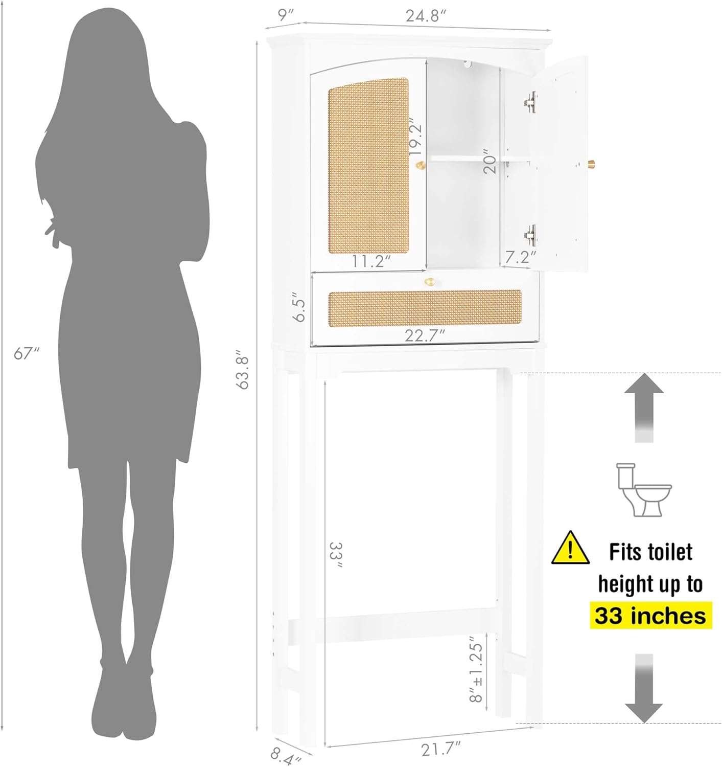 Spirich Rattan Bathroom Storage Bundle – Over The Toilet Cabinet & Wall Mounted Medicine Cabinet, Natural Modern Organizer with Tilt-Out Cubes & Adjustable Shelves