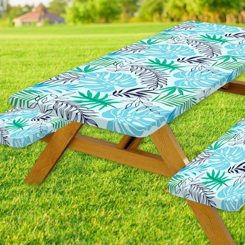 VeiVian Palm Leaf Picnic Table Cover with Bench Covers, Waterproof Summer Tropical Hawaiian Green Leaves Tablecloth for Camping Indoor Outdoor Party Decorations, 30X96in