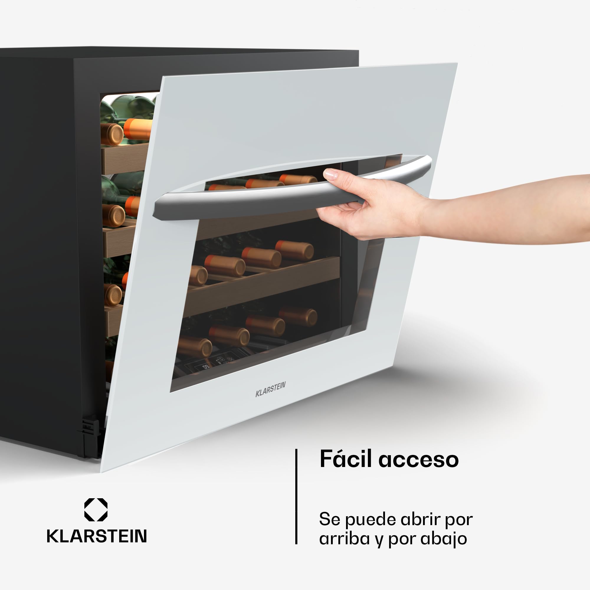 Klarstein Vinsider 24 Uno Vinoteca Integrable - 24 Botellas, 1 Zona, 5-20°C, LED, Protección UV, Silenciosa, Nevera para Vinos, Estantes de Madera, Puerta de Cristal Blanca