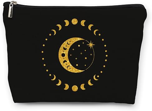 huester Black Golden Boho Moon Phases Makeup Bag, Moon Make Up Bag, Moon Phase Tarot Cosmetics Bag, Boho Cosmetic Bags Travel Makeup Pouch Moon Witchy Gifts for Purse Women Girls Sister Mom