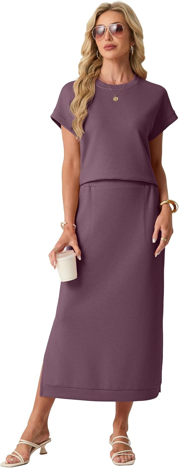 GRECERELLE Women Summer Casual Wrinkle-Free 2 Piece Sets Round Neck Top & Elastic Waist Maxi Side Slit Skirt with Pockets - Image 3