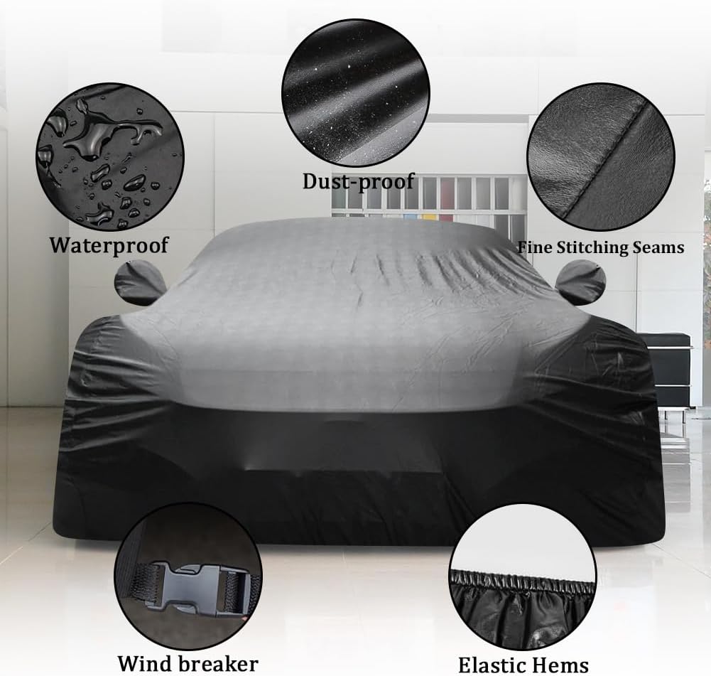 BHIEE Car Cover Waterproof All-Weather, Stretchable Elastic Fabric Sport Car Full Cover for Indoor Outdoor Use - Universal Fit Garage Protector (181"-193" Vehicles, Black)