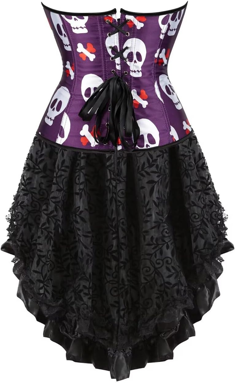 Jutrisujo Corset Dress Bustier Skull Outfit Lingerie Lace up Plus Size Gothic Ladies Basques Halloween Women