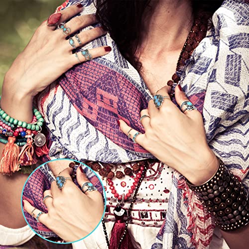 Huquary 84 Pcs Vintage Turquoise Rings For Women Bohemian Silver Oval Gemstone Rings Western Rings Boho Stackable Joint Knuckle Rings Midi Stacking Rings Set For Women Girls Gifts #TOP5