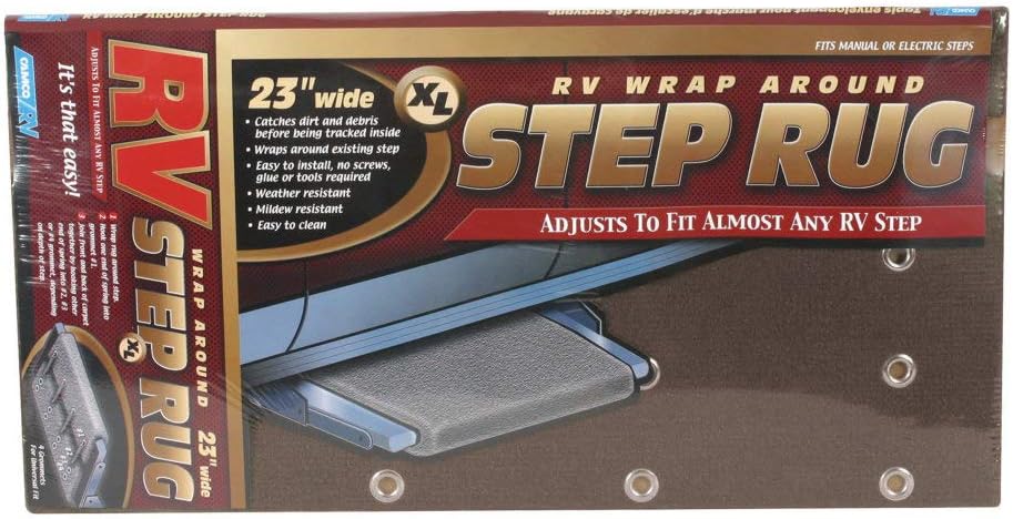 Camco Wrap Around Step Rug | Protects Your RV from Unwanted Tracked in Dirt | Works on Electrical and Manual RV Steps - Extra Large | Brown (42931)