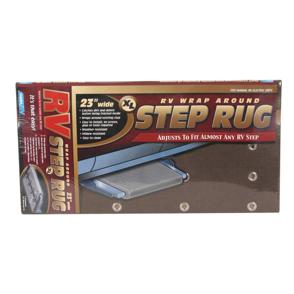Camco Wrap Around Step Rug | Protects Your RV From Unwanted Tracked In Dirt | Works on Electrical and Manual RV Steps - Extra Large | Brown (42931)