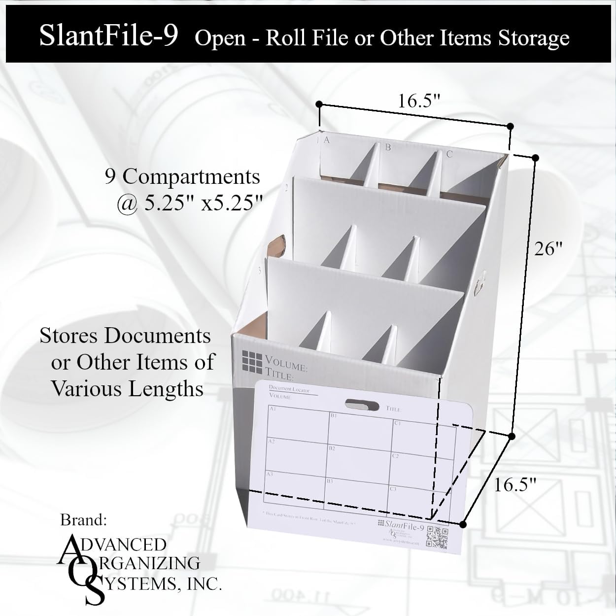 SlantFile-9 Open Roll File Storage Box - Corrugated 26x16.5x16.5 With 9 Compartments To Manage All Types of Documents