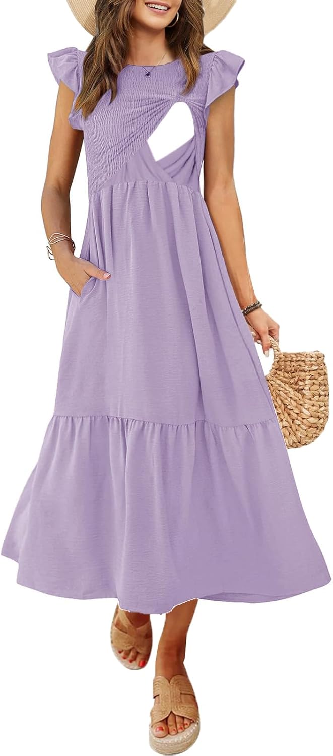Women's Nursing Dress Flutter Short Sleeve Crew Neck Smocked Elastic Waist Tiered Midi with Pockets