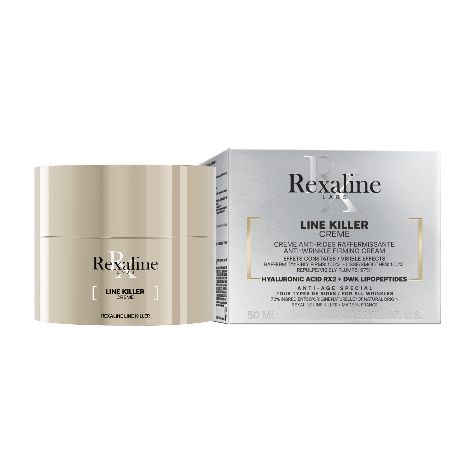 Rexaline LINE KILLER Crema Antiarrugas Reafirmante – Ácido Hialurónico RX2 y Lipopeptidos DWK – Alisa, Rellena y Reafirma – Pieles Maduras – 50 ml