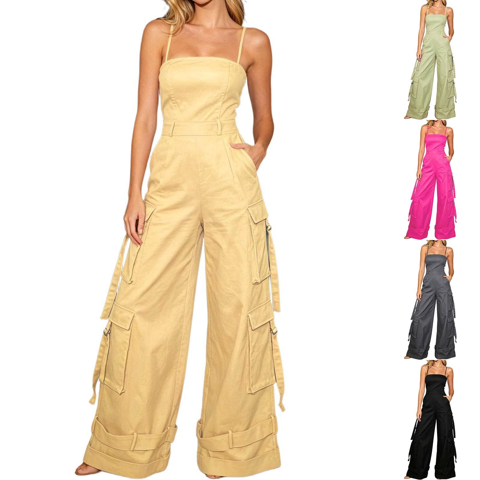 Tuta da donna elegante, estiva, senza maniche, tuta lunga, casual, vestibilità ampia, tuta intera con tasche multiple, per matrimoni, feste, un pezzo