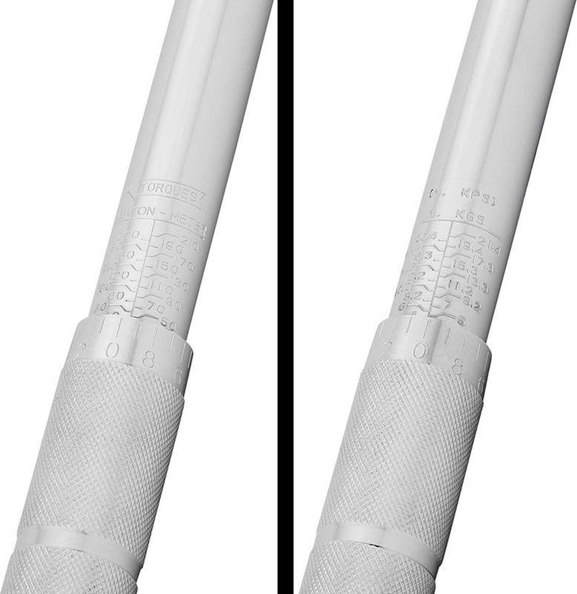 Close-up of the torque wrench handle showing the Newton-meter and KGS scales