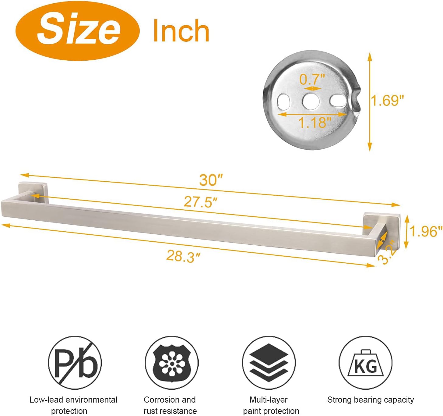 TocTen Bath Towel Rack - Square Base Thicken SUS304 Stainless Steel Towel Bar for Bathroom, Bathroom Accessories Towel Rod Heavy Duty Wall Mounted Towel Holder. (Brushed Nickel, 30)