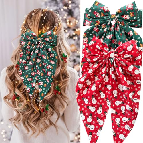 2 Pinzas para cabello navideñas con moños, rojo y verde miniatura 2