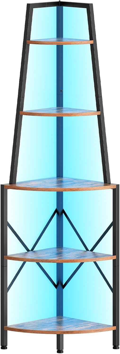 HOOBRO 5-Tier Corner Shelf with Lights, 67.9” Tall Corner Shelf Stand, Industrial Corner Bookshelf, Corner Plant Stand Display Shelf, for Living Room, Kitchen, Home Office, Rustic Brown BF120DCJ01