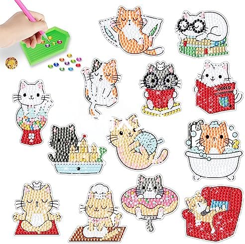 MEGZIHXN Cute Diamond Art Stickers Kits for Kids,Bathing Cats Cooking Cute Cats Playing Games Diamond Craft Arts Set for Children Or Adult Beginners image 2