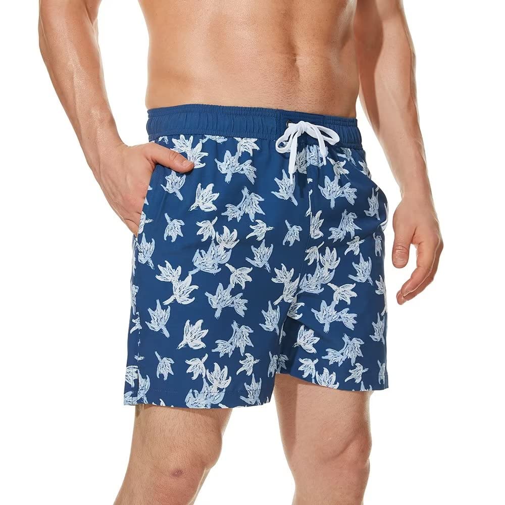 View 1 of Men's Swim Trunks Quick Dry Beach Board Shorts with Zipper Pockets and Mesh Lining Bathing Suit Swimwear 34 Dark Blue Maple Leaf