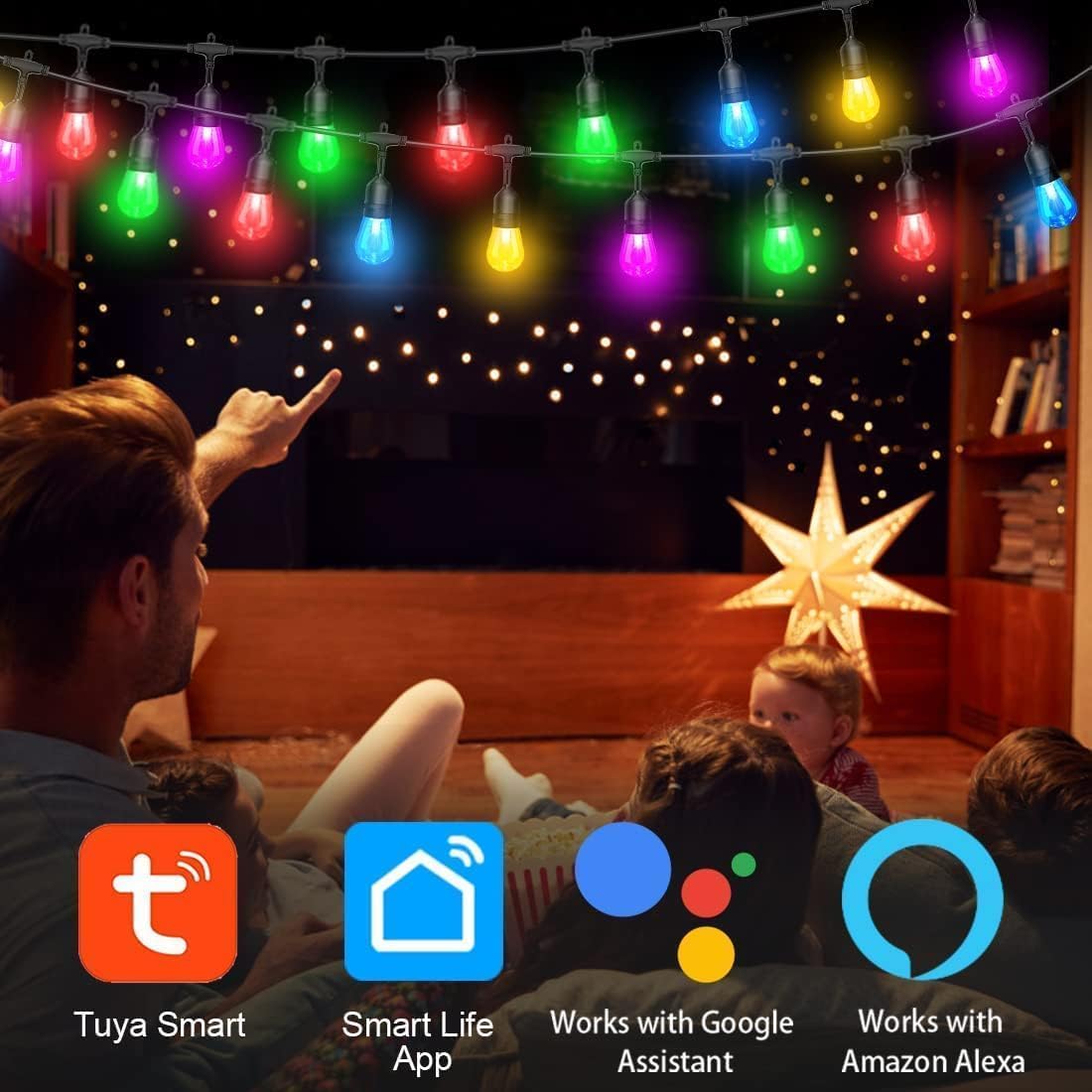96FT RGBW Color Changing Outdoor String Lights, Music Sync Dimmable, APP Alexa & Google Assistant Compatible, Commercial Grade Patio Lights for Mother's Day Father's Day 4th of July Holiday Decor