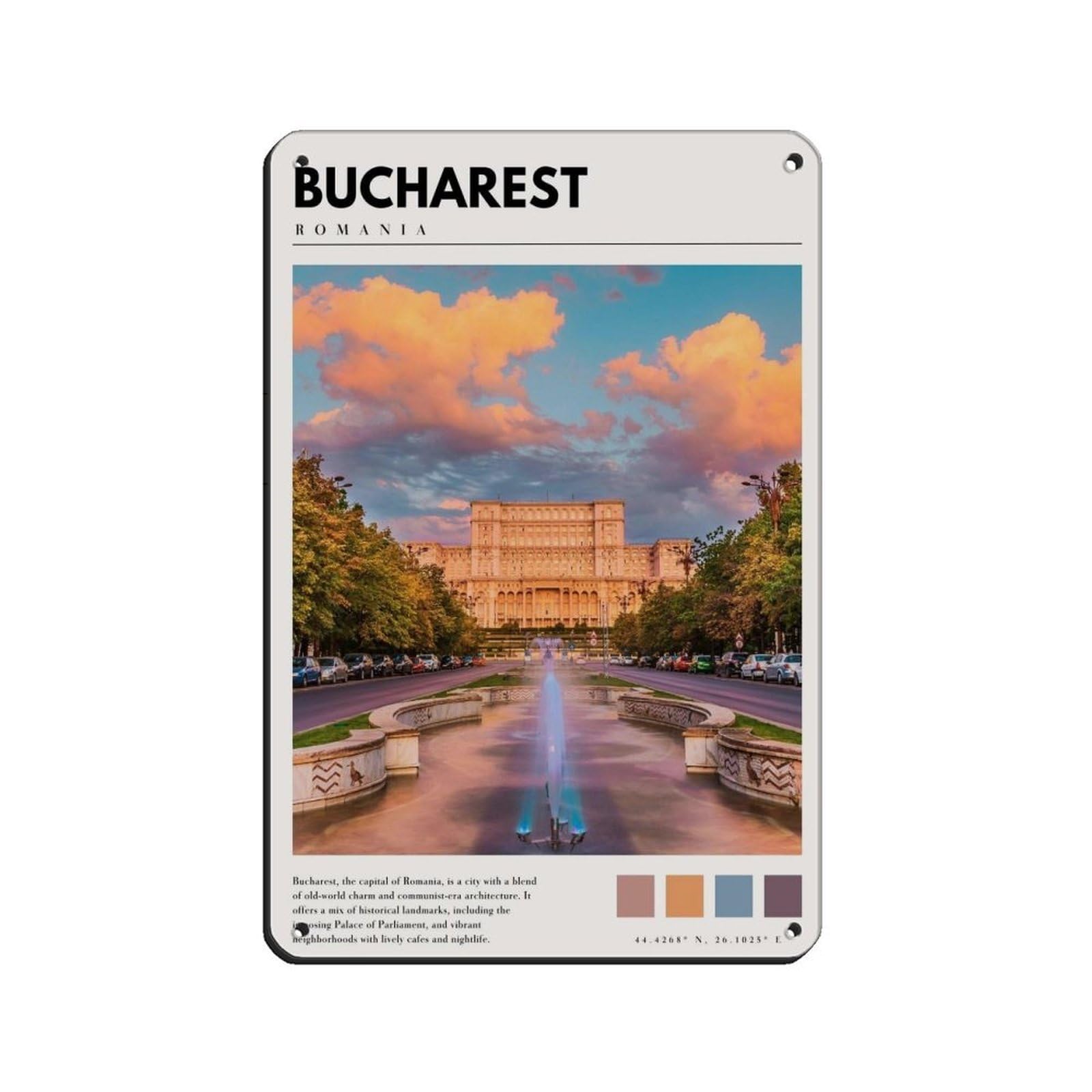Bucharest Romania Poster Bucharest Photo Art Tin Sign Vintage Metal Pub Club Cafe Bar Home Wall Art Decoration Poster Retro 8x12inch(20x30cm)