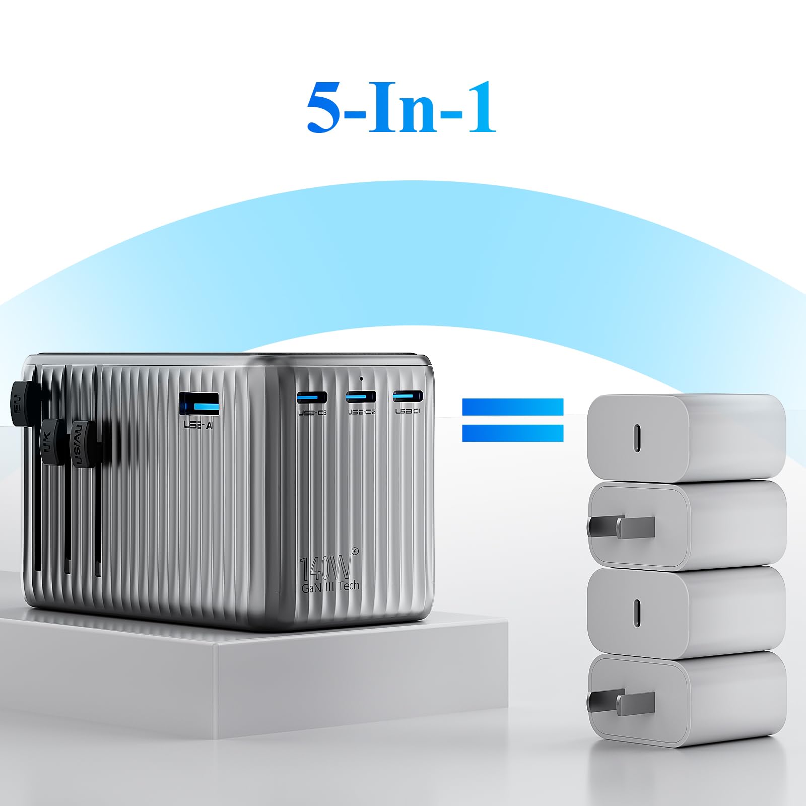 Minthouz Reiseadapter Weltweit,GaN Ⅲ PD 140W Universal Reisestecker mit 3 USB C und 1 USB A，Internationaler Steckdosenadapter,Power Adapters,Universaladapter für UK USA Japan Thailand Australien