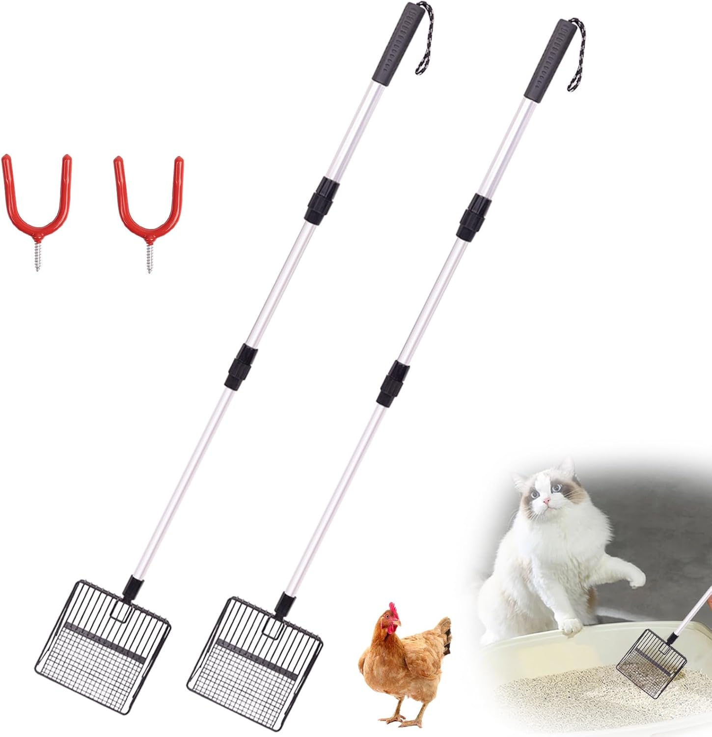 WodGod 2 Pcs Cat & Chicken Poop Scooper Set, Metal 4 in 1 Long Handle Cat Litter Scoop, Chicken Coop Must Haves Accessories, Durable Chicken Coop Rake (Long Handle-White)